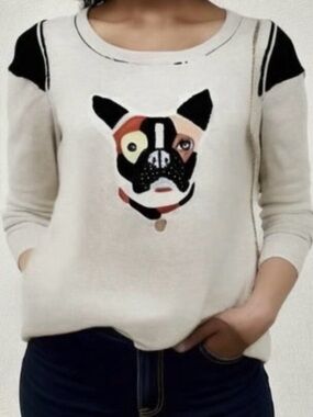Lisa Todd Anthropologie Frenchie French Bulldog Top Cotton Cashmere Gray